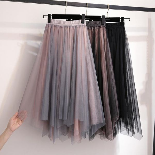 

irregular long mesh pleated skirts women elastic high waist ruffled vintage tiered tulle pleated ins skirt tutu skirt, Black
