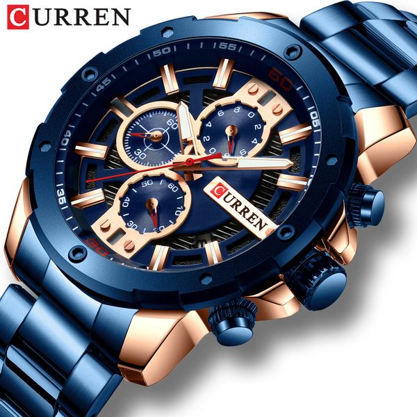 

new curren quartz luminous man watch fashion sport stainless steel watches 3atm waterproof wristwatch chronograph watches t200113, Slivery;brown