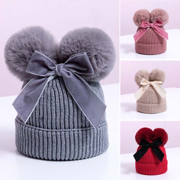 

double pompom baby hat winter knitted kids baby girl hat warm thicker children infant beanie cap girls bonnet casquette enfant lj201026, Yellow