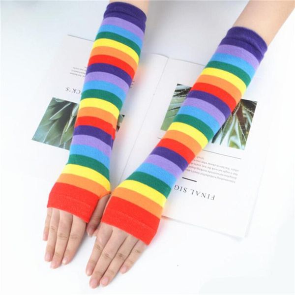 

2 pieces/set new half finger arm cover autumn rainbow color long warm gloves japanese style striped knitted sunscreen arm cover, Blue;gray