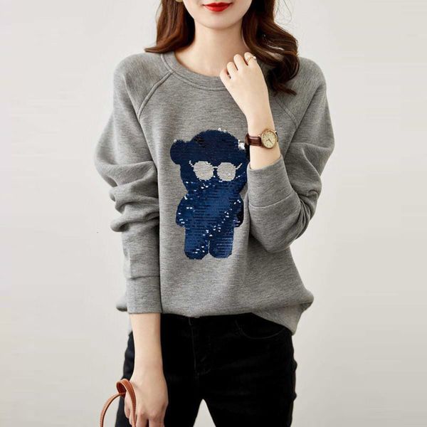

style plush thickened short sequins bear showing thin reducing age sweater for women's autumn and winter, Black