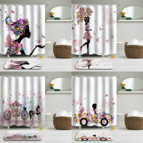 

2pcs/set flower woman girl shower curtain set bathroom waterproof polyester cloth + non-slip mat toilet bathroom home decor