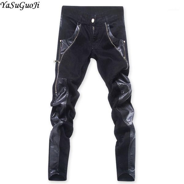 

new 2020 punk style fashion slim fit pu leather patchwork long zipper desgin skinny jeans men party wear pants men pk6-91, Blue