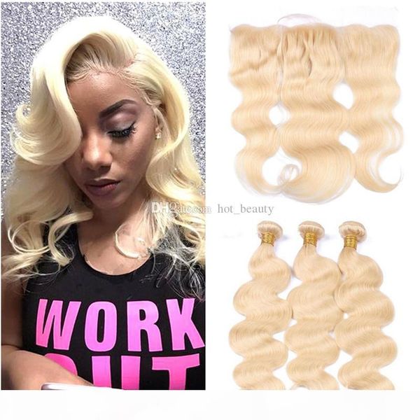

blonde body wave human hair weaves with lace frontal closure raw indian virgin hair 613 bundles with ear to ear lace frontal, Black