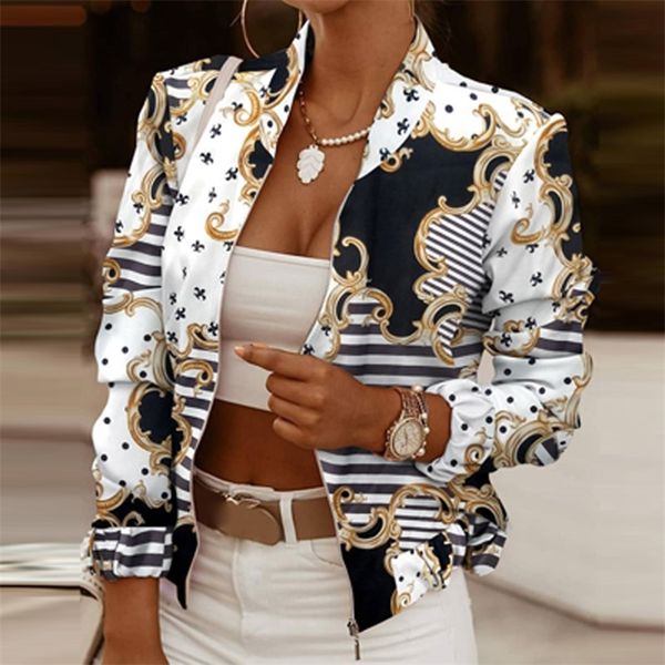 

vintage pattern print patchwork jacket women elegant stand collar zipper cardigan spring autumn long sleeve office coats outwear 220217, Black;brown