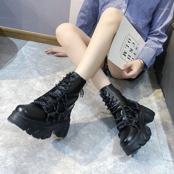 

black punk style platform women ankle boots 2021 fashion cross strap chunky heels boots woman waterproof pu leather shoes1