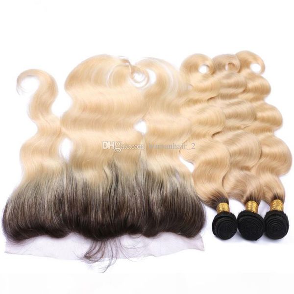 

8a two tone 1b 613 ombre hair with lace frontal closure with bundles ombre 1b blonde ombre body wave hair weaves with frontal, Black;brown