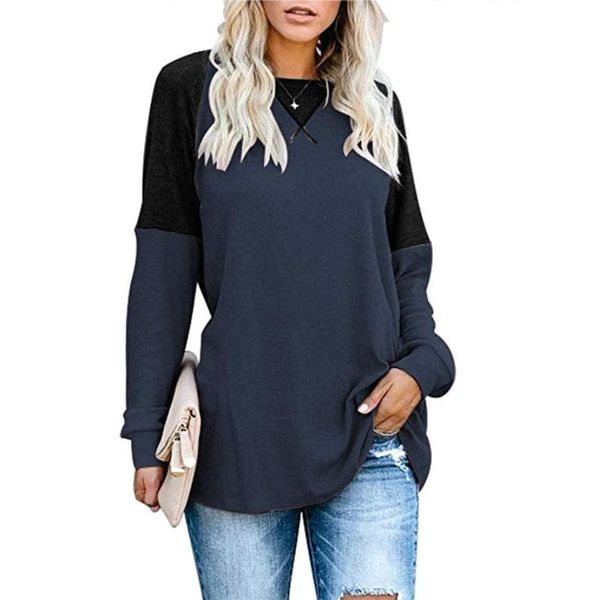 

winter autumn patchwork long sleeved o neck women's fashion casual loose plus size tunic t shirt solid color pullovers, White;black