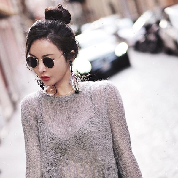 

see through women thin pullover sweater 2021 autumn korean new solid basic knitted sweater female hollow out knitwear sa171s50, White;black