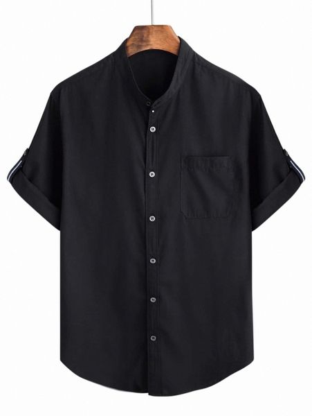 

men button front roll-up sleeve shirt 55b8#, White;black