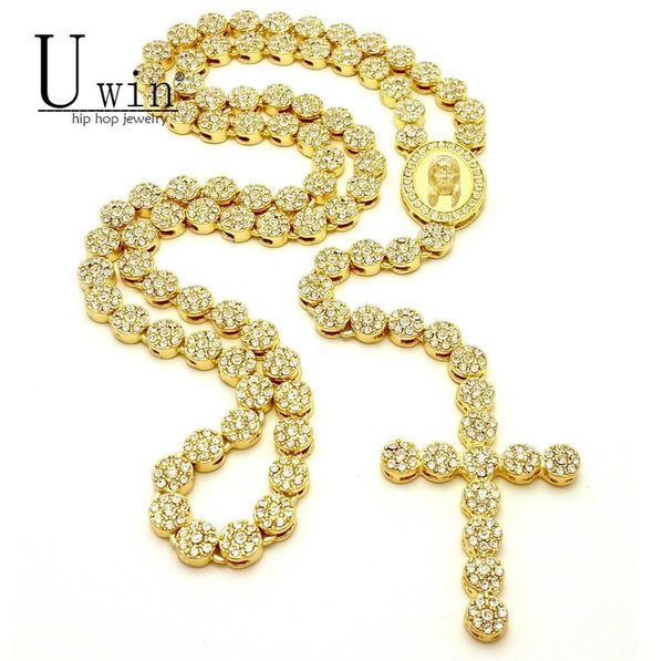 UWIN Oced Out Out Chrastary Цветок Ожерелье Ссылка Bling Chinestone Gold Cross Иисуса Голова Подвеска Мужская Хип Хоп Ожерелье Цепочка