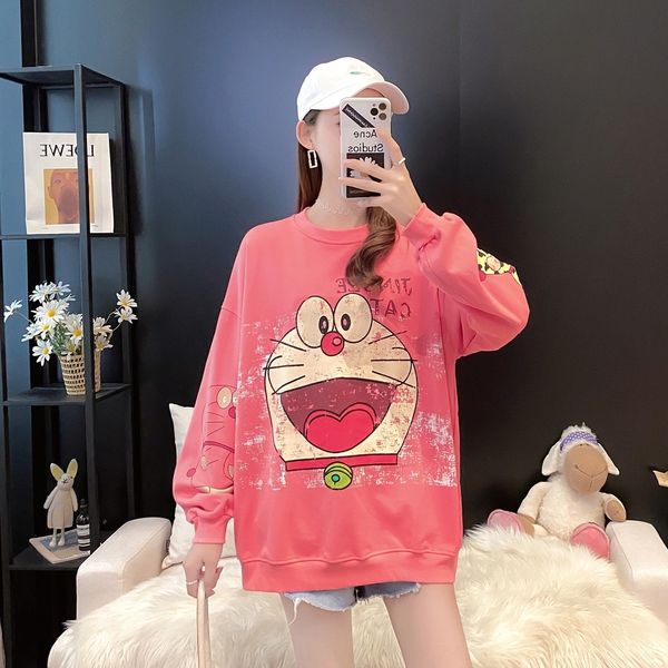 

knp4e autumnstyle jingle sleeve printed coat female sweater pullover round neck pullover cartoon long cat coat female azfhf, Black