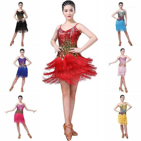 

stage wear sling deep v colorful sequins design dance skirt latin fringed performance clothing1, Black;red
