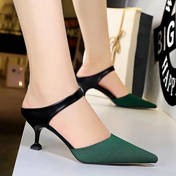 

2020 new style summer women 6cm high heels mules shales slides casual green kitten low heels slippers mesh blue red shoes #n78g, Black