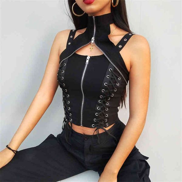 

sleeveless zipper choker halter gothic black tank bandage fitness crop punk camis women bodycon strap clubwear, White