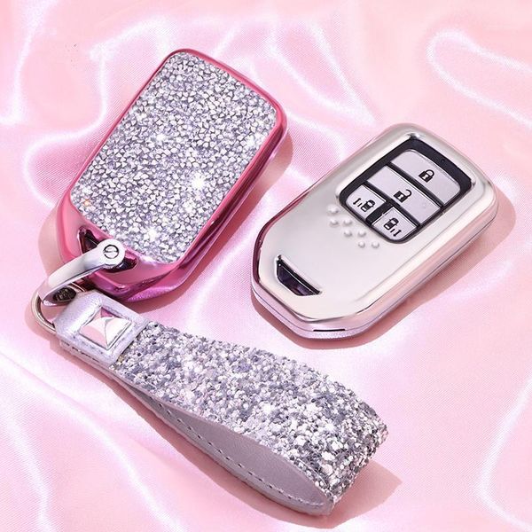 

shiny diamond crystal car key cover case chain for hrv 2017 2003-2007 pilot auto shell accessories1