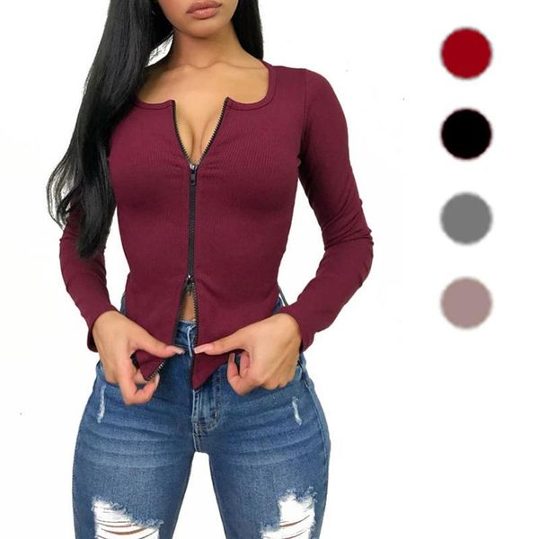 

fnoce 2021 new spring woman tshirts fashion casual all-match solid long sleeve o-neck zipper slim knitted stretch, White