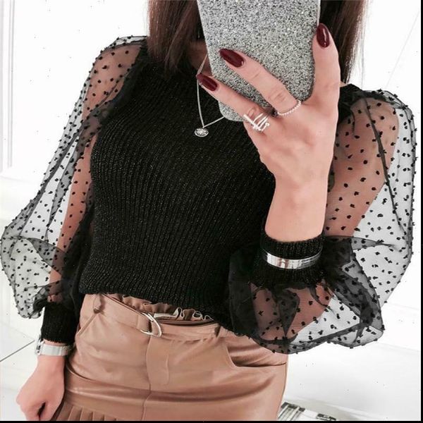 

women round neck sheer lantern sleeve fashion mesh knitted blouse women auutmn long sleeve dot printing ladies, White