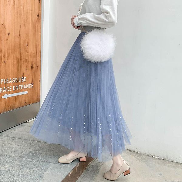 

2020 new summer a- line tulle skirt pleated high waist skirt pure color pearl sweet kawaii long harajuku style, Black