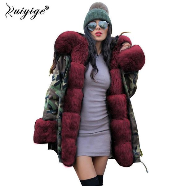 

ruiige 2020 новые женщины зимнее пальто красный мех с капюшоном джинсовая куртка женщина parkas зимние длинные теплые пальто женские парку п, Black