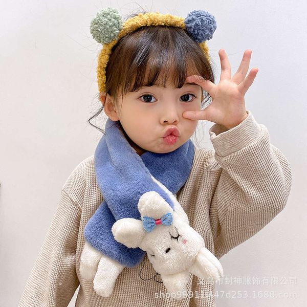 

children's autumn winter 2020 new boys and girls solid color cross neckband imitation plush cartoon rabbit scarf, Red;brown