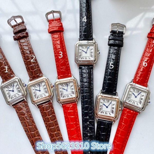 

27mm stingray real leather panthere watch cz quartz wristwatch panther leopard sign logo square dial lady watch for women1, Slivery;brown