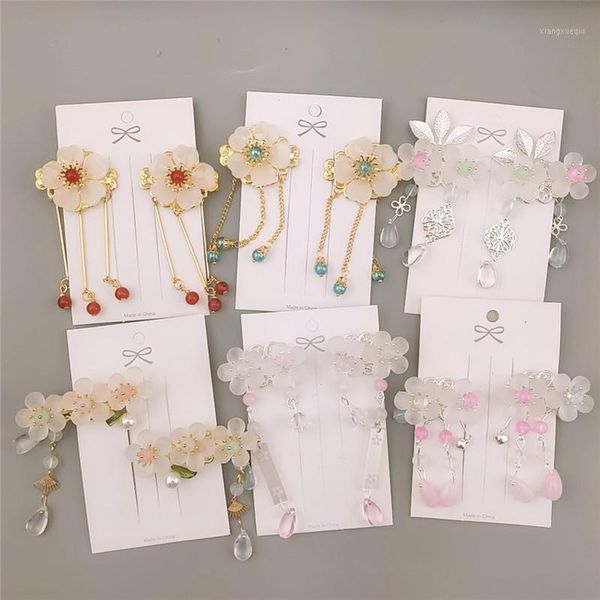 

1 pair chinese style simple beautiful flower tassel duckbill clip fashion sweet girl children tang costume headdress hairpins1, Slivery;white