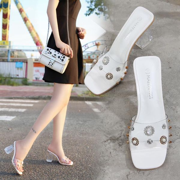 

boots sweet2021 korean style comfortable rhinestone women's shoes elegant and light ripe rubber sole sandals thick heel pvc upper, Black