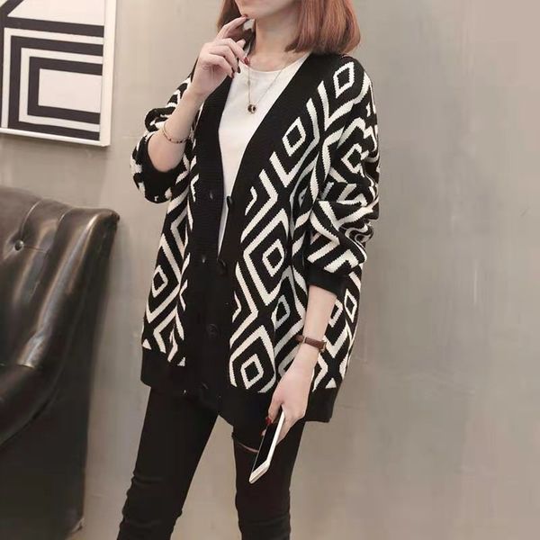 

europe autumn v neck sweater knitted fashion v-neck sweaters button cardigan 2020 slim winter for woman sweater, White;black