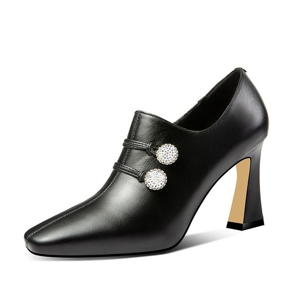 

2021 new spring genuine solid leather decorating party unique shoes woman marks toe high heels e3yc, Black