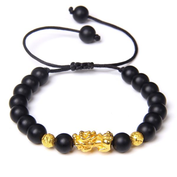 

pixiu bracelets men black onyx obsidian beads bracelet pierre naturelle weave fengshui bangle gold ball pulsera for women
