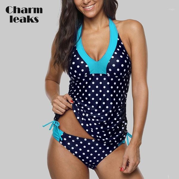 

charmleaks women tankini set colorblock swimwear side bandages polka dot swimsuit padded bandage bathing suit1, White;black