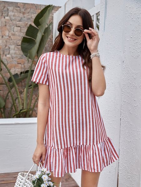 

ruffle hem striped dress d0tg#, Black;gray