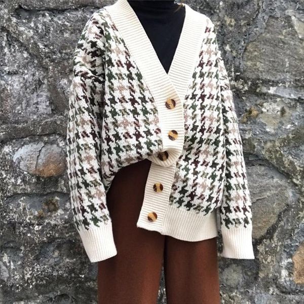 

sweater autumn plaid knitted jacket korean cardigan new womens long section loose lazy drop shipping good quality, White;black