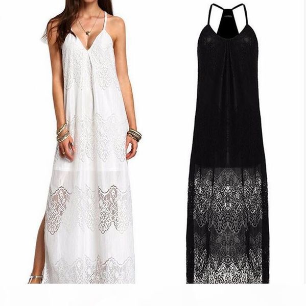 

2017 summer spaghetti strap women oversize maxi dress solid loose plus size beach lace split hem dresses, Black;gray