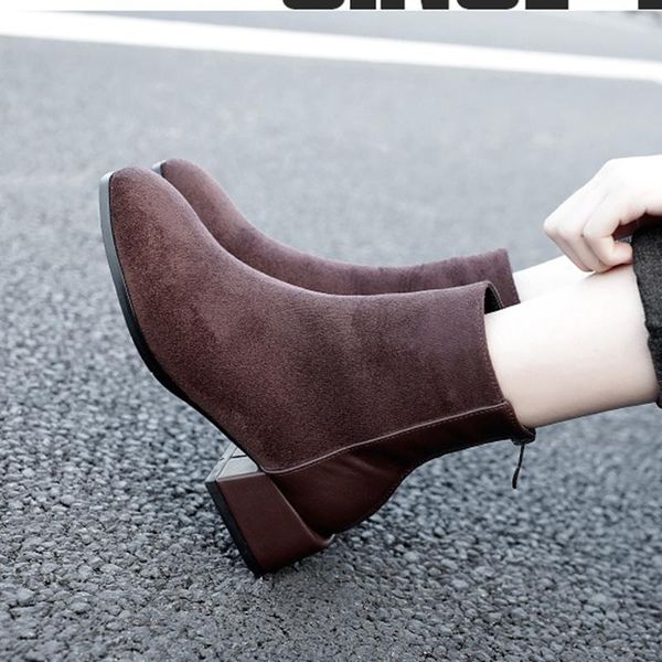 

boots brand fashion women leather boots, short children versatile thin thick heel mid-heel ankle design, Black
