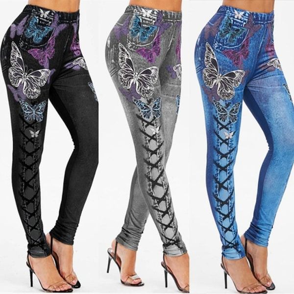 

yoga outfits pants women slim faux denim butterfly print skinny jeggings casual spring autumn elastic legging female capris leggings, White;red