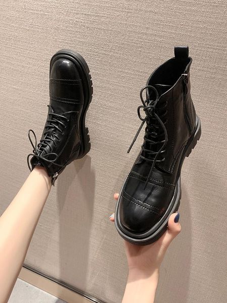 

brand women's shoes round toe black boots booties woman 2020 low heel lace up clogs platform boots-women fashion ankle ladies