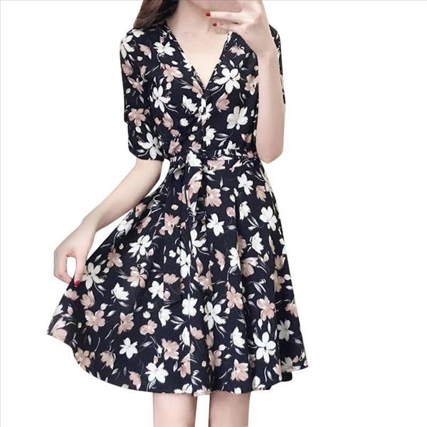 

vintage women v neck floral pattern midi wrap dress summer dress cross design short sleeve beach casual retro vestido mujer, Black;gray