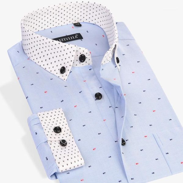 Camicie eleganti da uomo all'ingrosso- CAIZIYIJIA 2021 Polsino patchwork a maniche lunghe stampato a lisca di pesce da uomo Comfort Soft Casual Slim-fit Button-Do