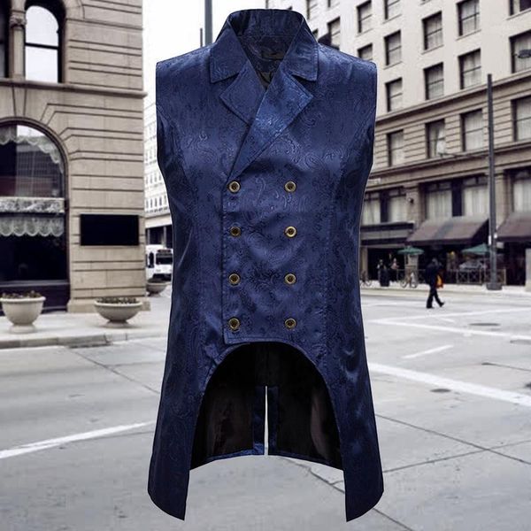 

puimentiua paisley jacquard long vest men double breasted lapel brocade vest waistcoat mens gothic steampunk sleeveless tailcoat1, Black;white