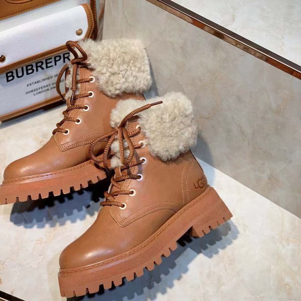 

designer womens boots luxury brown leather lace-up with fluff round head high heel with box size 35-40, Black