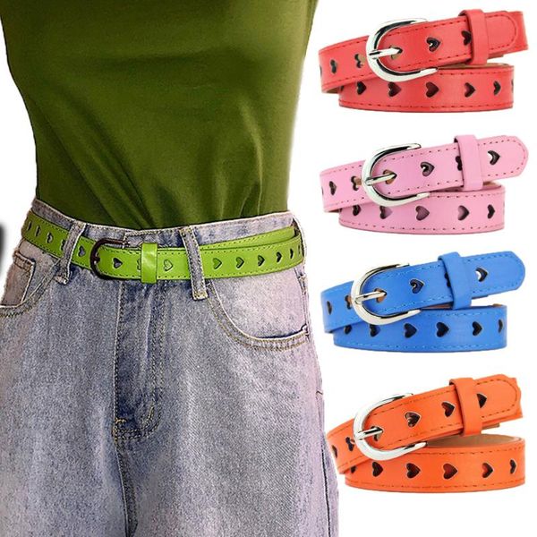 

women belt heart hollow decor faux leather belt without drilling metal buckle straps waistband decor fashion accessories, Black;brown
