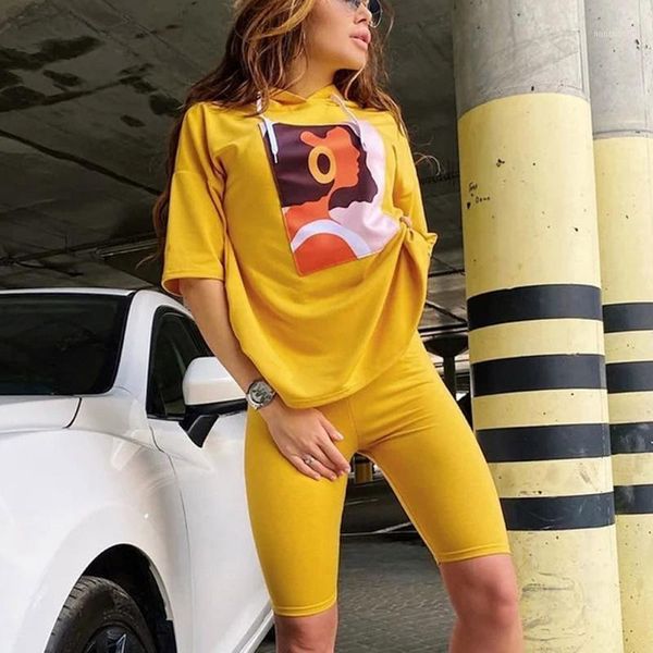 

running sets women casual fashion set printed hoodede short sleeve pullover elastic band shorts sports summer&autumn #31, Black;blue