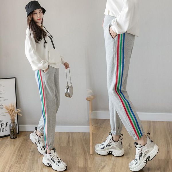 

1911# maternity pants spring autumn casual pants loose side strip slimming elastic waist maternity trousers, White