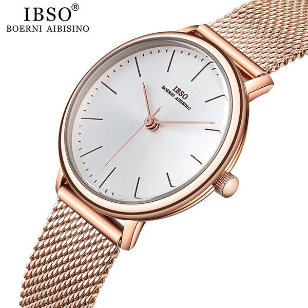 

ibso women's quartz watches rose gold ultra thin stainless steel mesh strap quartz clock hours ladies simple relogio masculino 201114, Slivery;brown