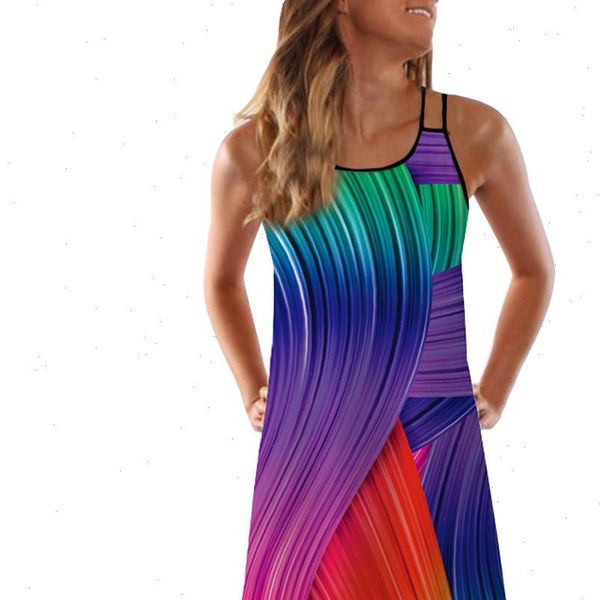 

women rainbow stripe tank tshirt dress women summer vintage sleeveless 3d floral print bohe tank short mini dresses vestidos 5$, Black;gray