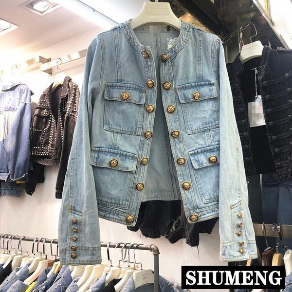 

2020 autumn new women retro round neck long sleeve old wash denim cropped jacket metal buckle short light blue denim coat femme1, Black;brown