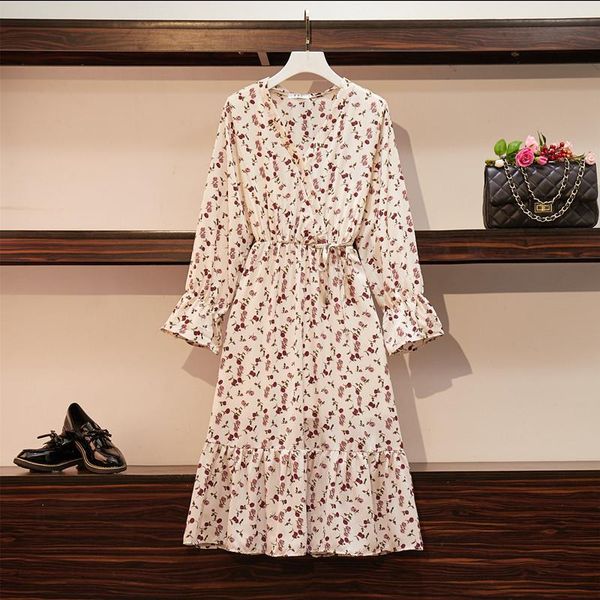 

casual dresses 2021 spring elegant women v neck floral print chiffon dress female overisze a line l-4xl a2190, Black;gray
