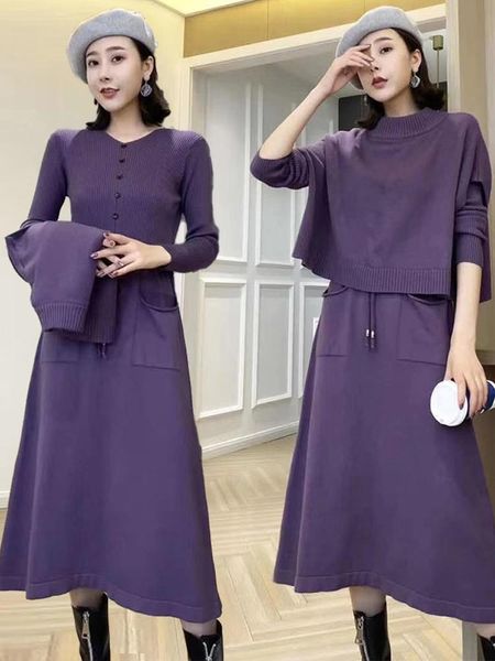 

elegant office lady long knit straight dress plus size warm midi dress with crop vest two piece set, Gray